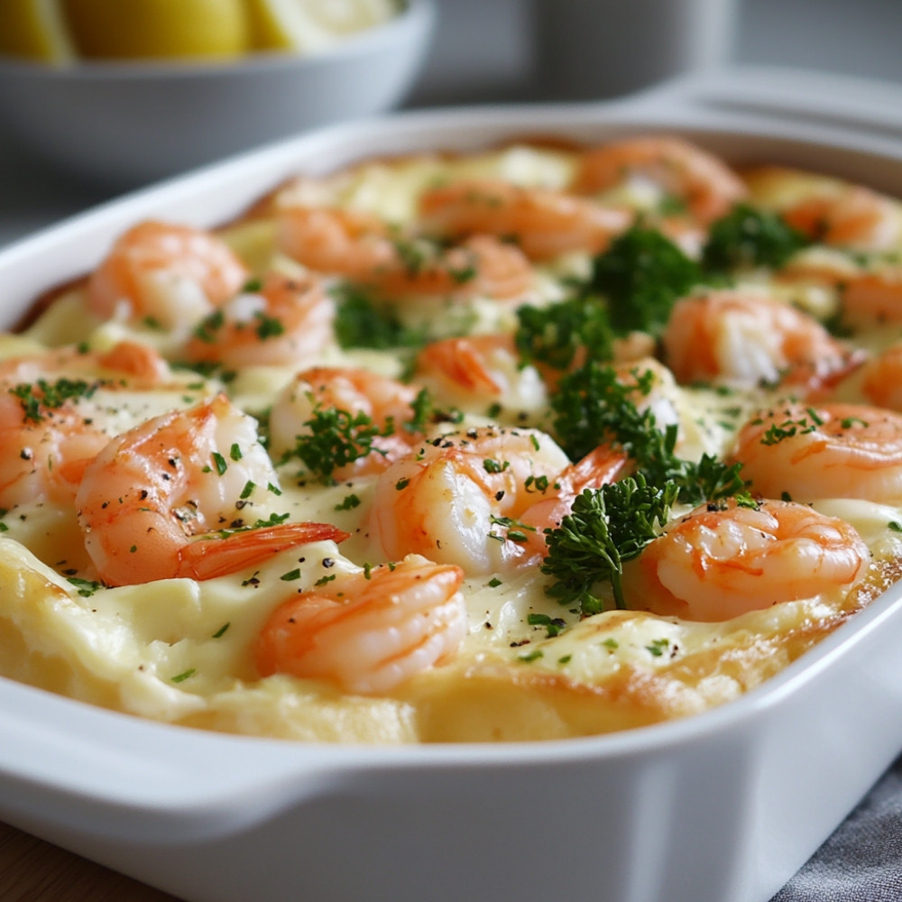 Pommes de terre soufflées à l'œuf, aux crevettes et au saumon