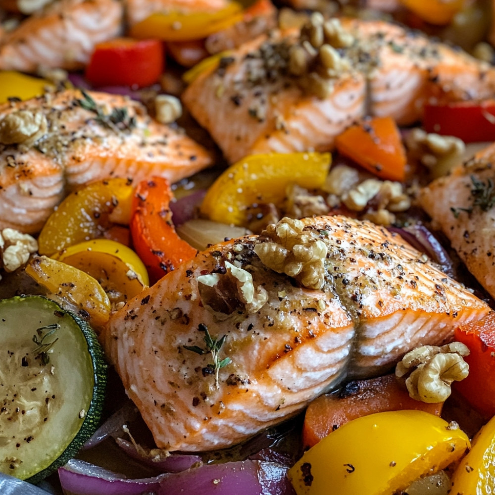 Tôle de saumon en croûte de noix et légumes grillés au four