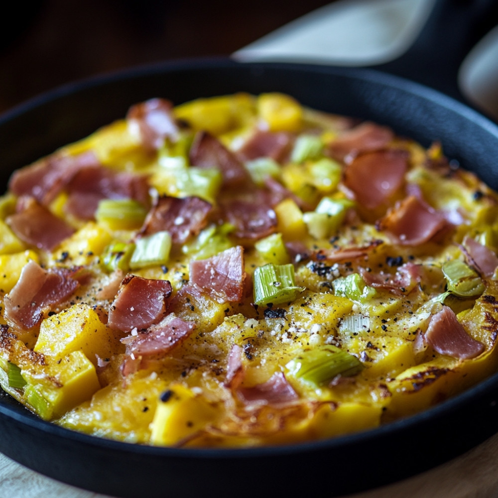 Tortilla aux patates douces, poireaux et jambon serrano