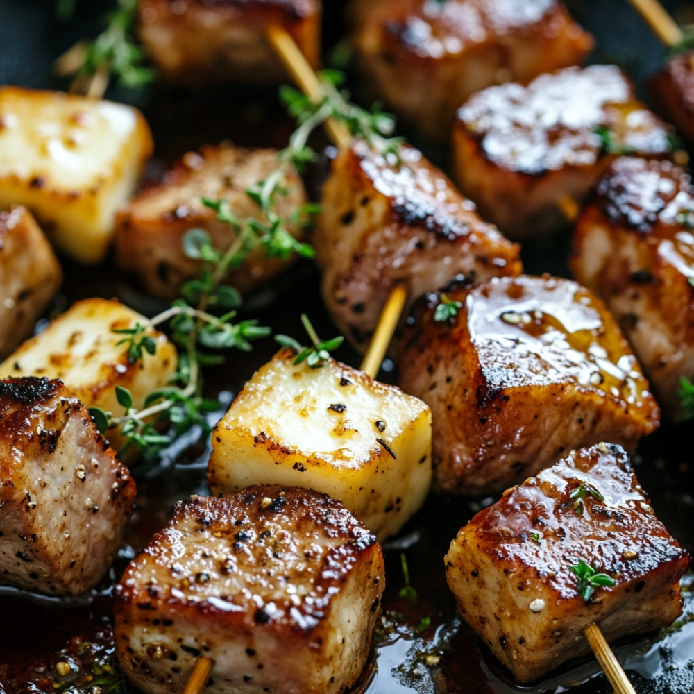 Brochettes de porc et halloumi marinées à la bière