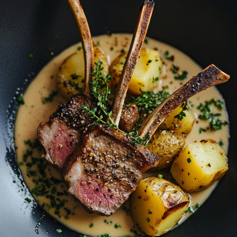 Carré d'agneau avec sauce à la bière et purée aux fines herbes