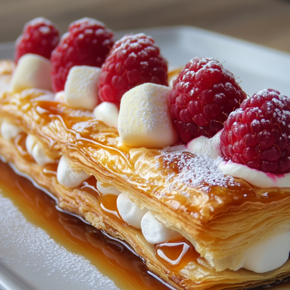 Feuilletés aux guimauves, framboises et caramel