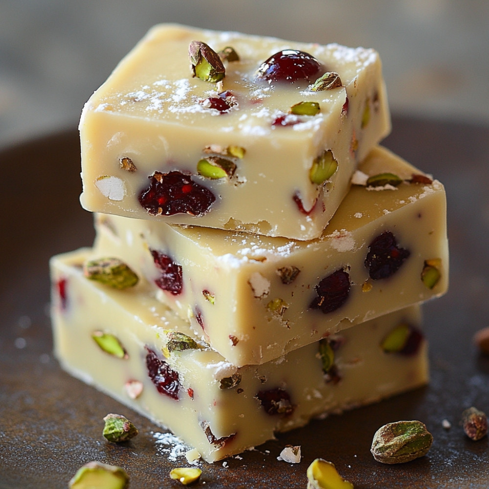 Fudge au chocolat blanc, canneberges et pistaches