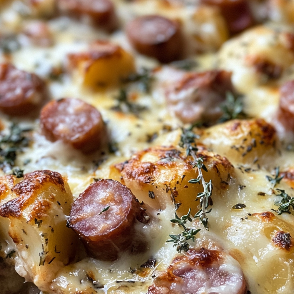 Gratin de pommes de terre aux saucisses, jambon et érable sans gluten