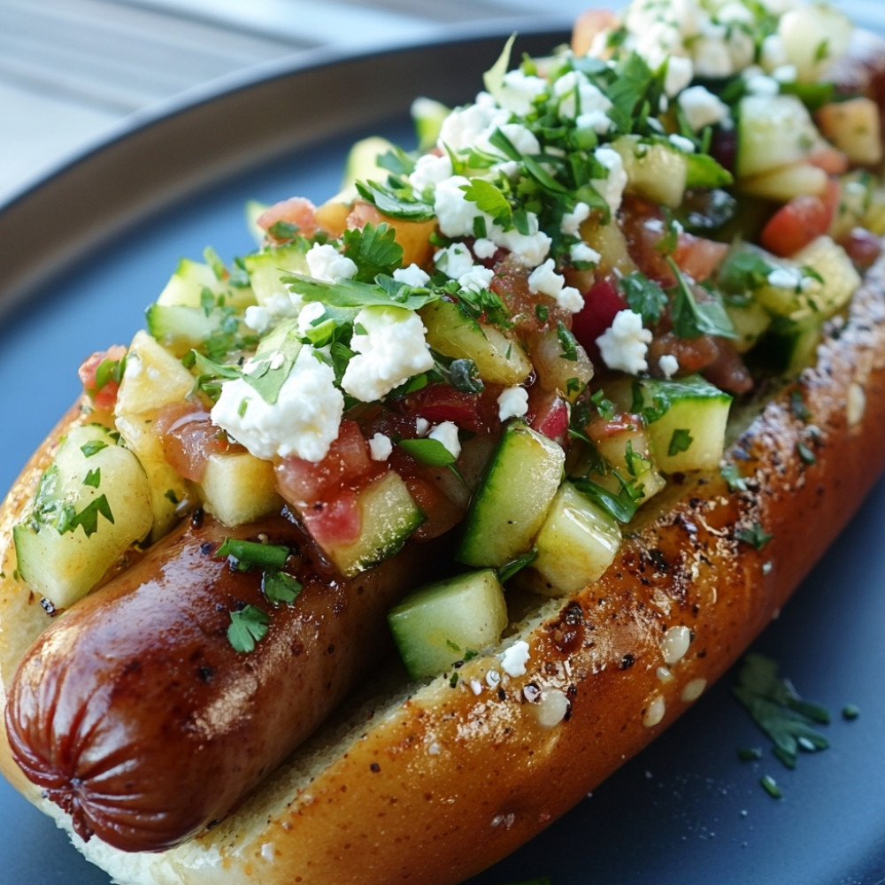 Hot-dog au boudin blanc, salsa pommes-concombre et vinaigrette à la feta