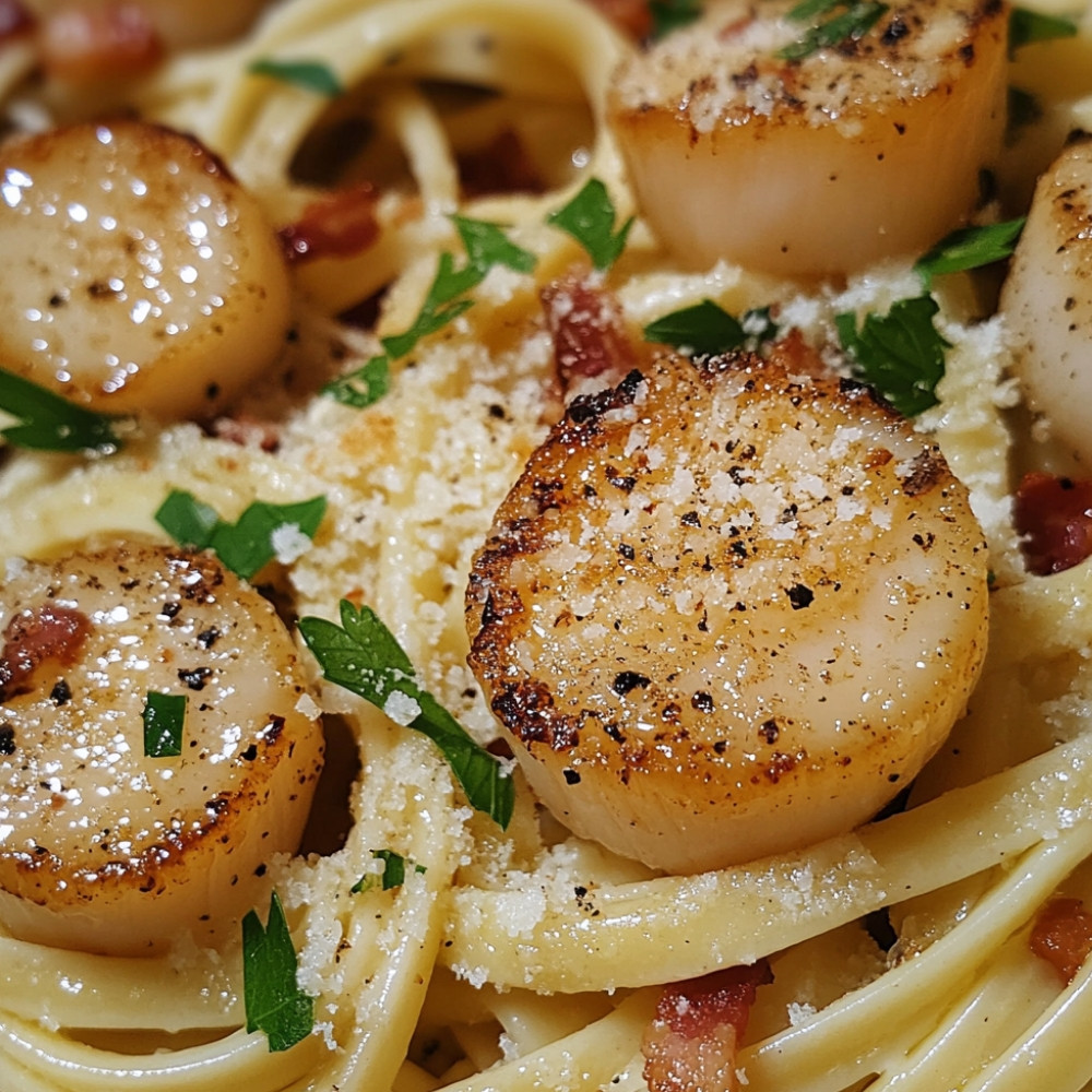 Linguine aux pétoncles dans une sauce carbonara