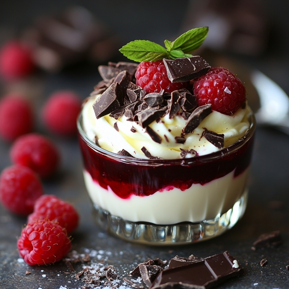 Mousse étagée aux deux chocolats et framboises