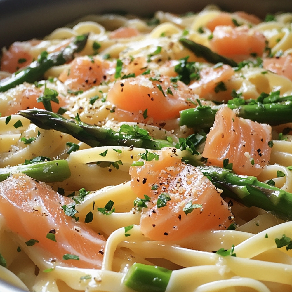 One pot pasta au saumon fumé, asperges et citron