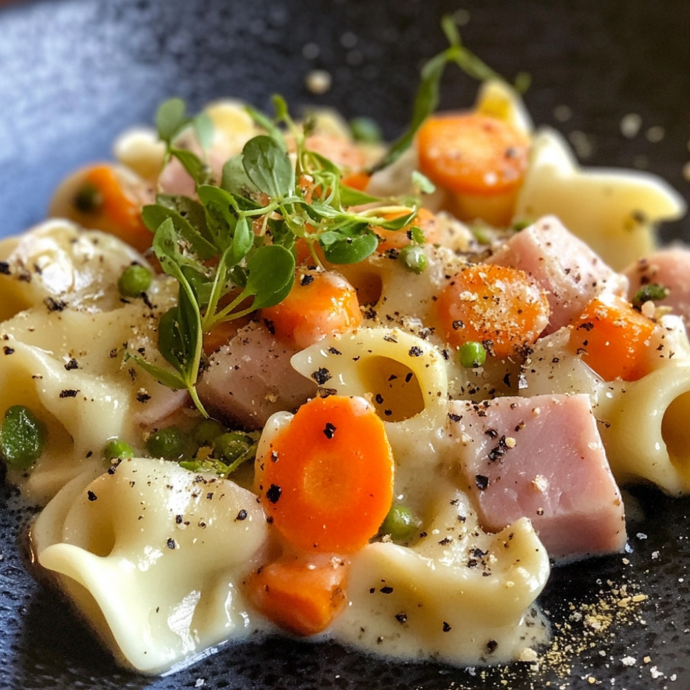 Pâtes sauce chou-fleur, carottes, dés de jambon croustillants et germes de brocoli