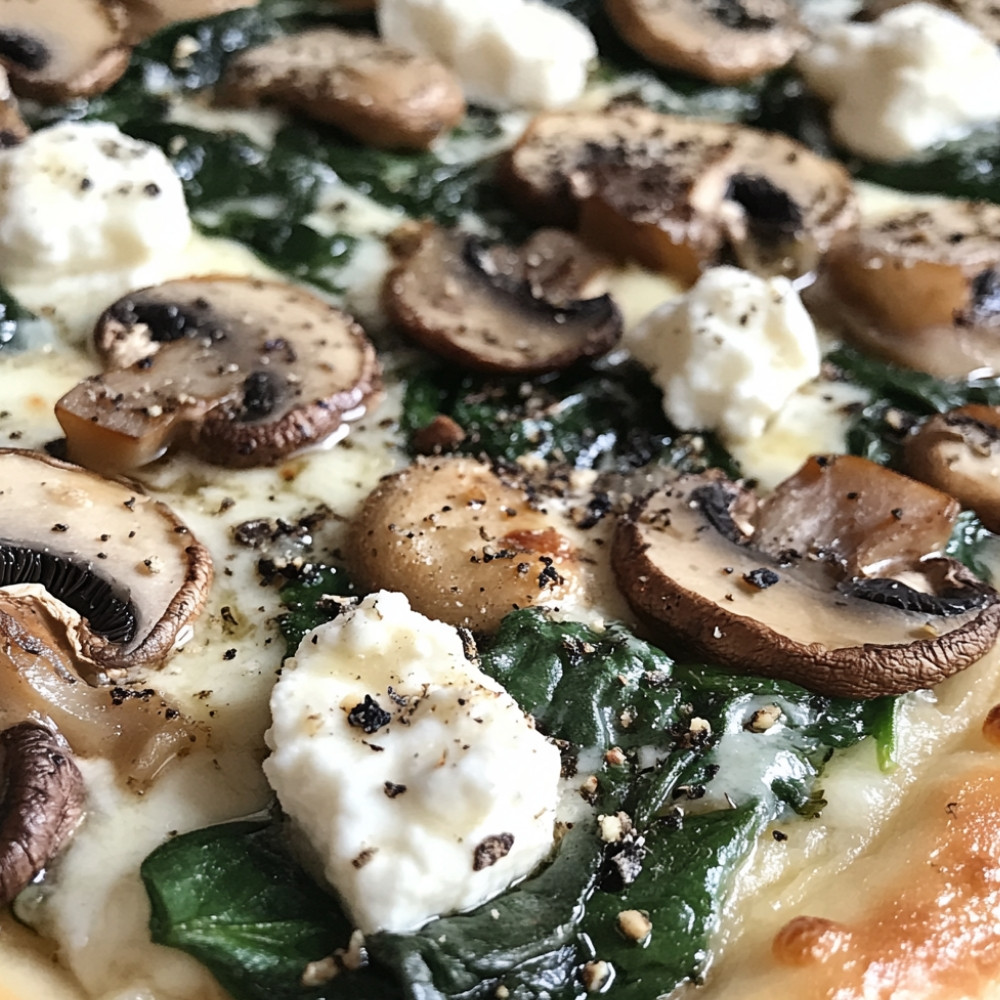 Pizza aux champignons, épinards et fromage de chèvre