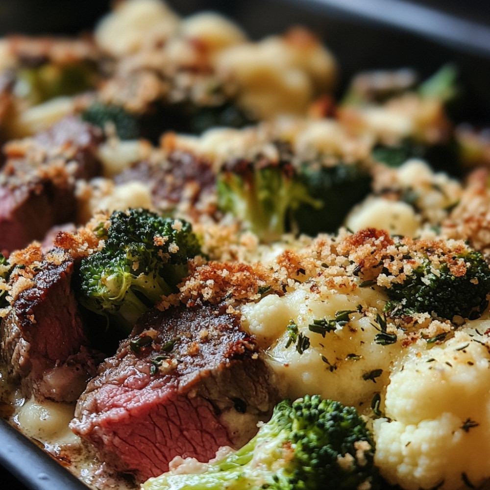 Plaque de bœuf, brocoli et chou-fleur gratinés