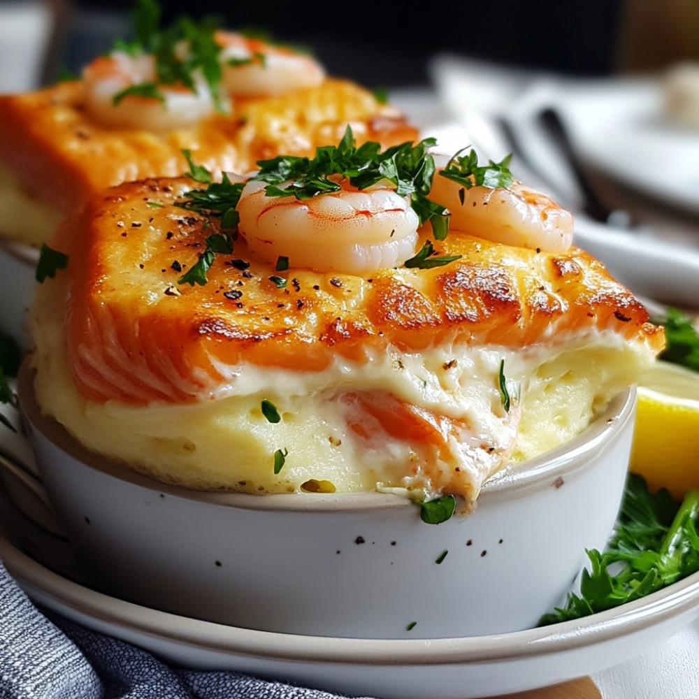 Pommes de terre soufflées à l'œuf, aux crevettes et au saumon