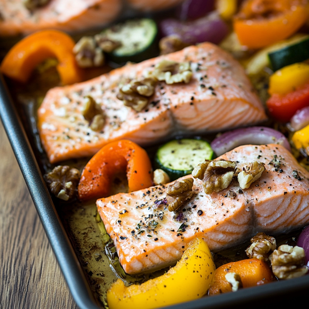 Tôle de saumon en croûte de noix et légumes grillés au four