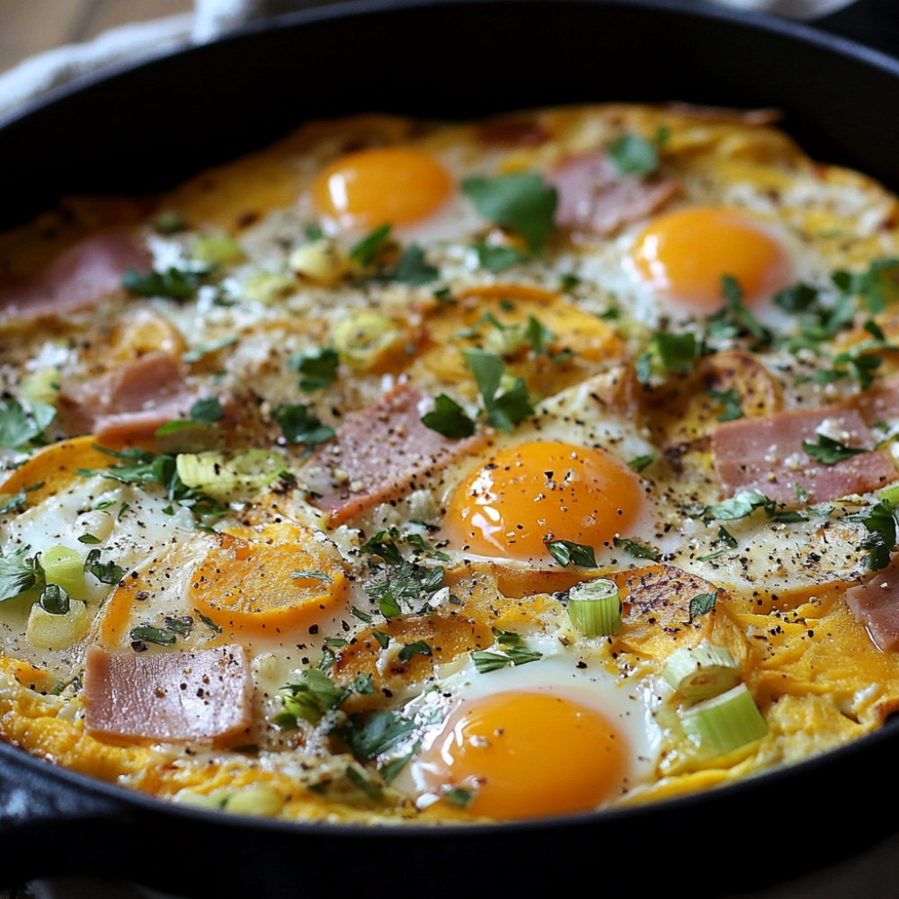 Tortilla aux patates douces, poireaux et jambon serrano