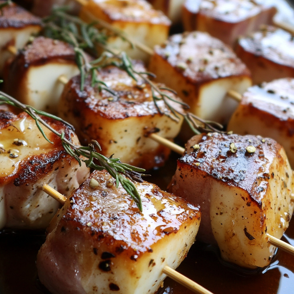 Brochettes de porc et halloumi marinées à la bière