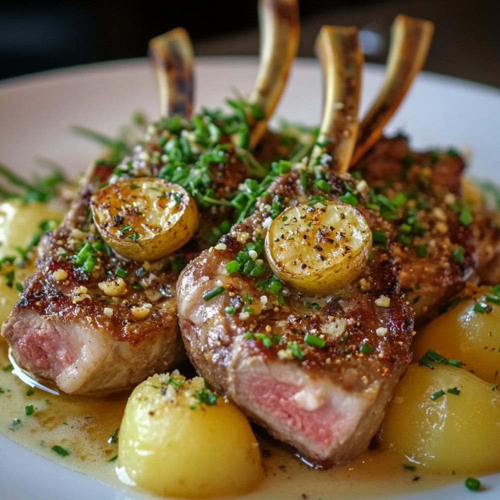 Carré d'agneau avec sauce à la bière et purée aux fines herbes