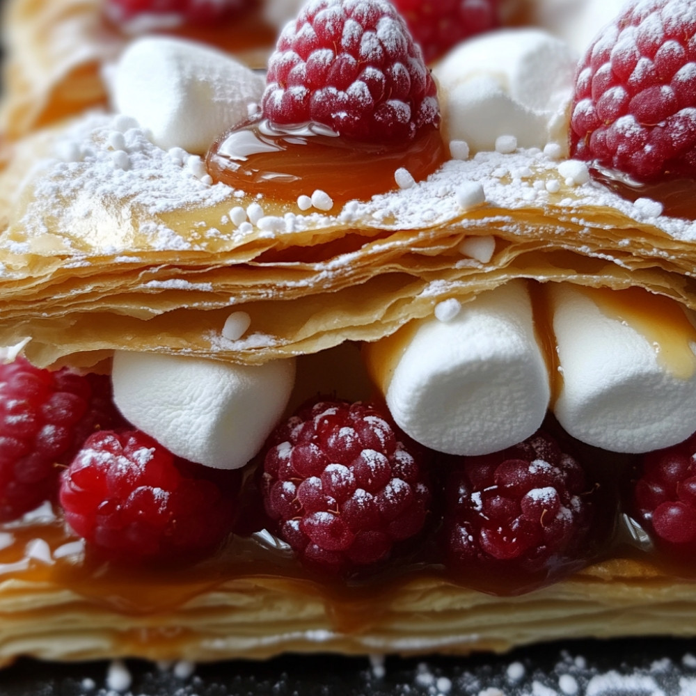 Feuilletés aux guimauves, framboises et caramel