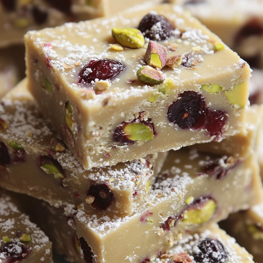 Fudge au chocolat blanc, canneberges et pistaches