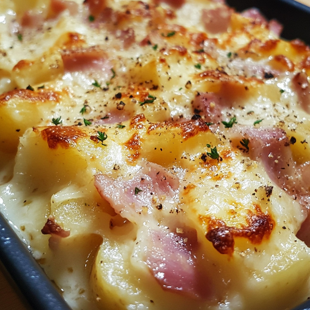 Gratin de jambon haché, pommes et bacon