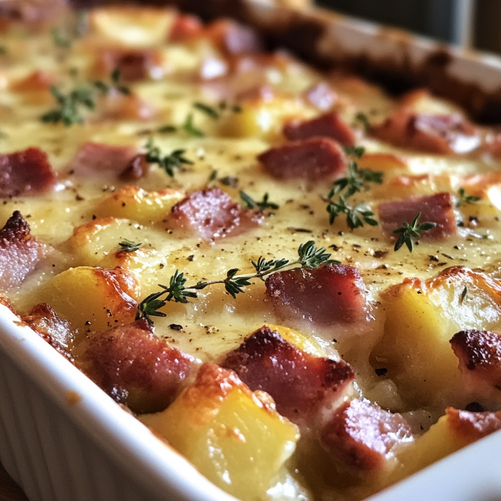 Gratin de pommes de terre aux saucisses, jambon et érable sans gluten
