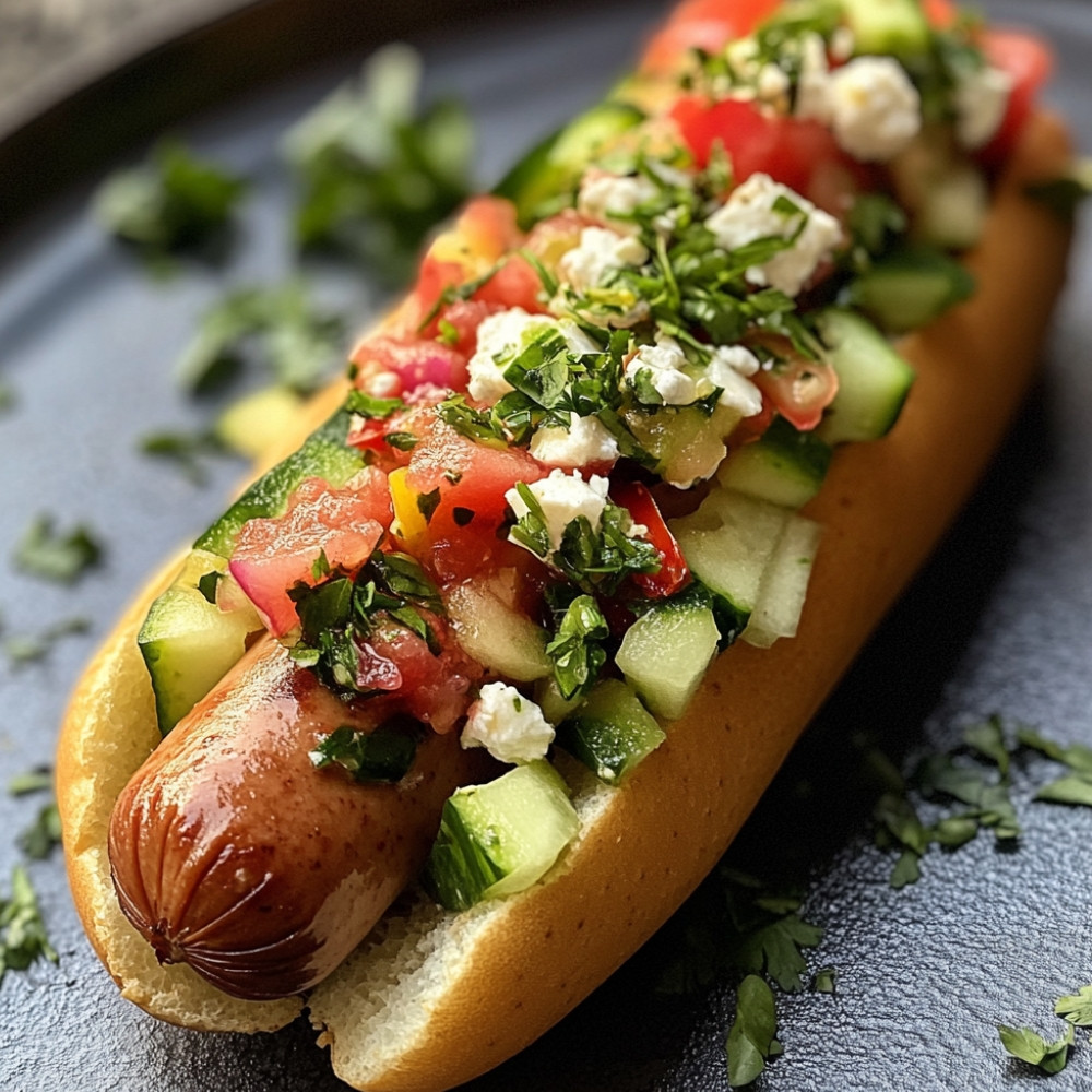 Hot-dog au boudin blanc, salsa pommes-concombre et vinaigrette à la feta