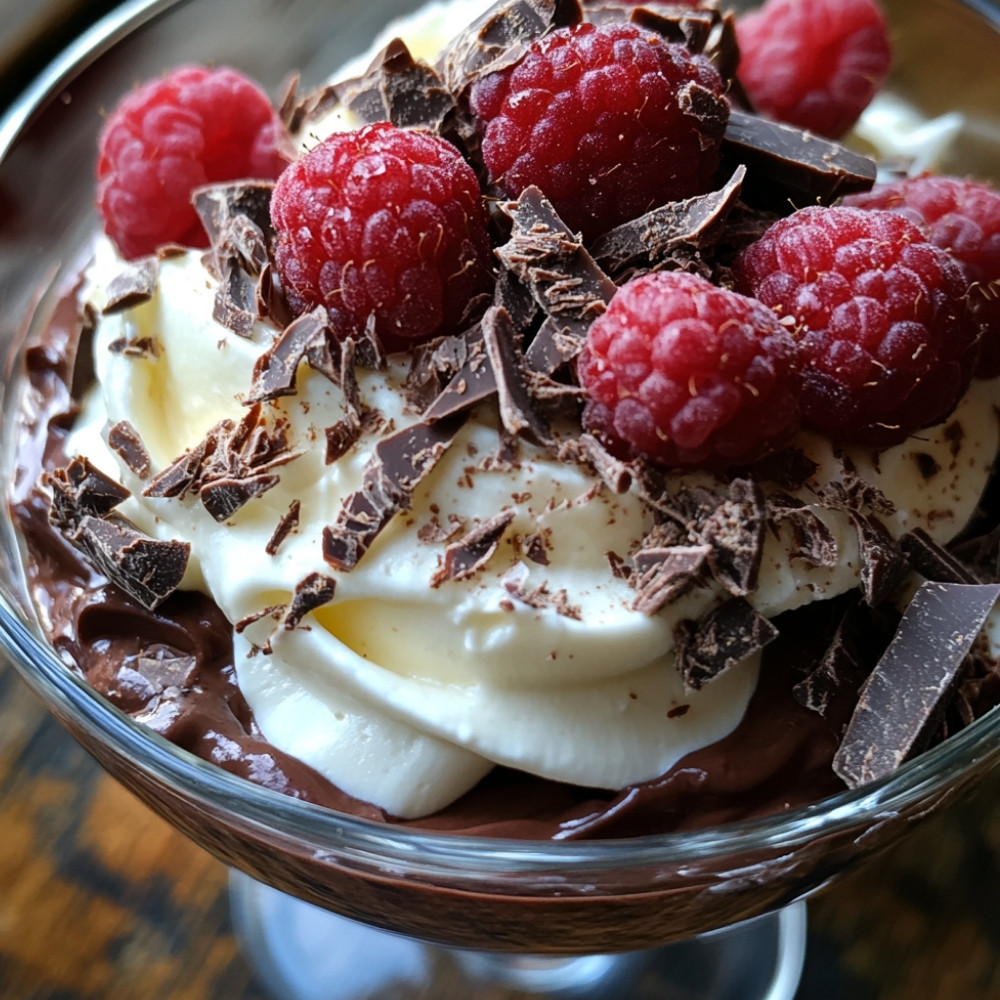 Mousse étagée aux deux chocolats et framboises