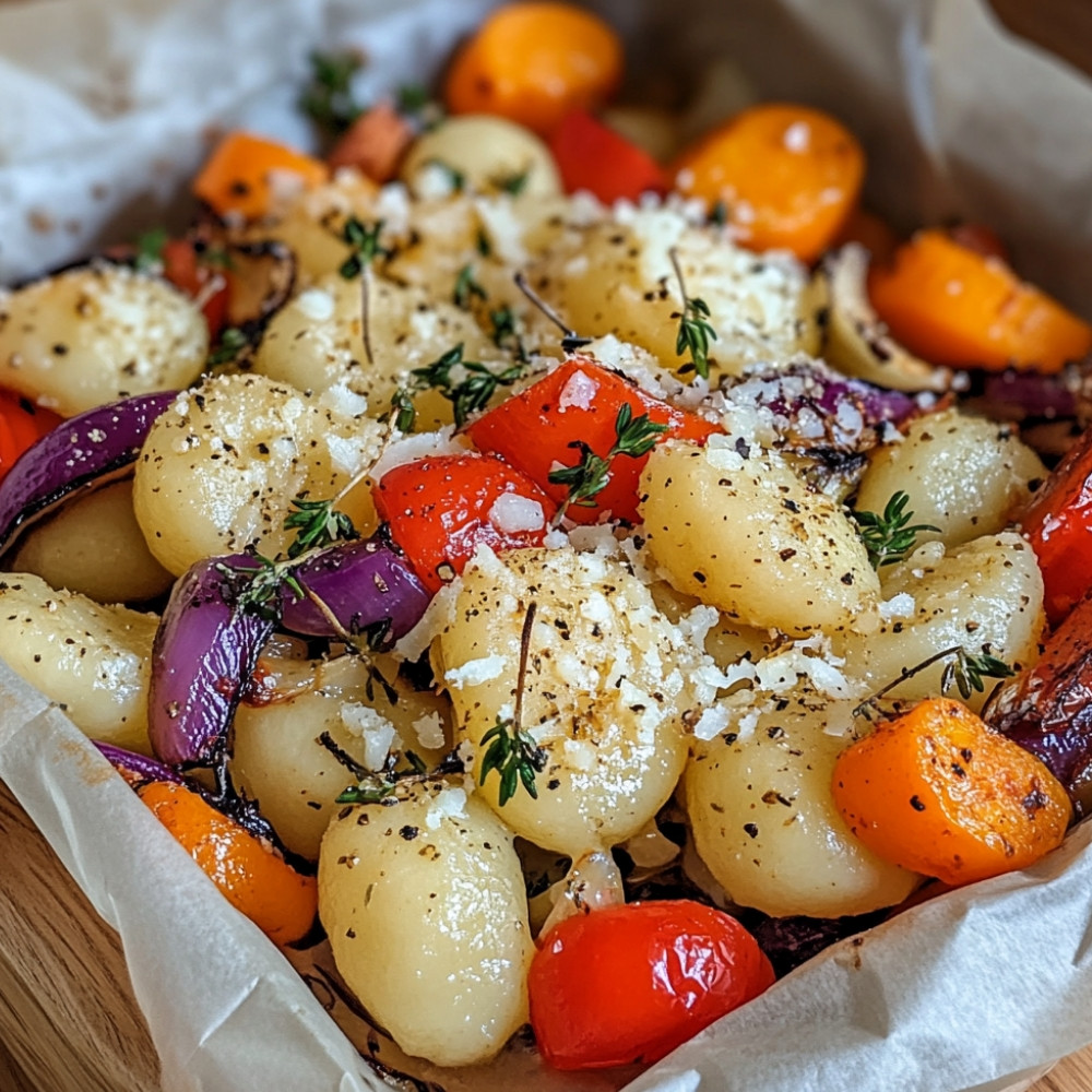 Papillote de gnocchis, légumes et fromage en grains