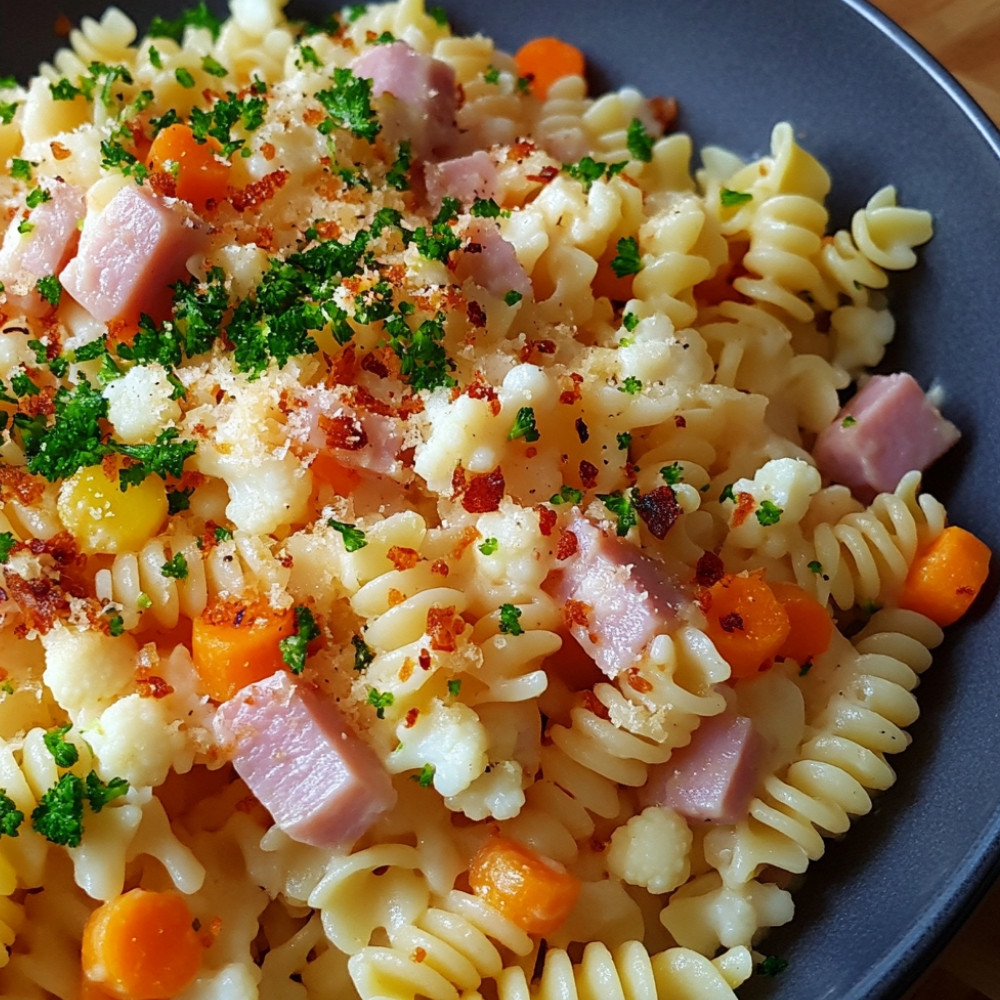 Pâtes sauce chou-fleur, carottes, dés de jambon croustillants et germes de brocoli