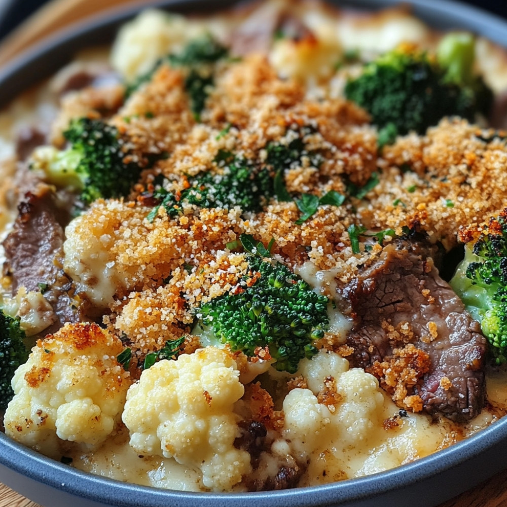 Plaque de bœuf, brocoli et chou-fleur gratinés