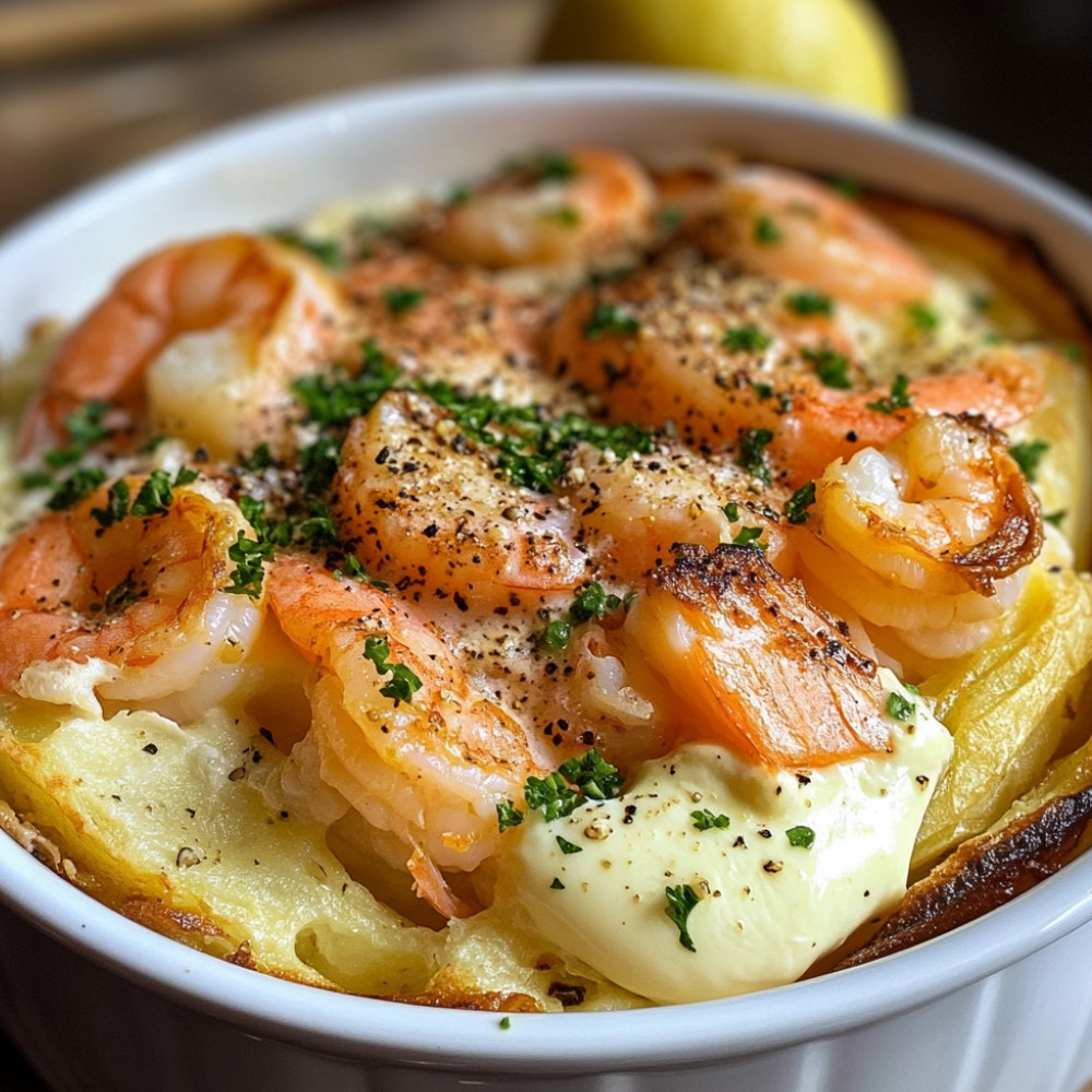 Pommes de terre soufflées à l'œuf, aux crevettes et au saumon