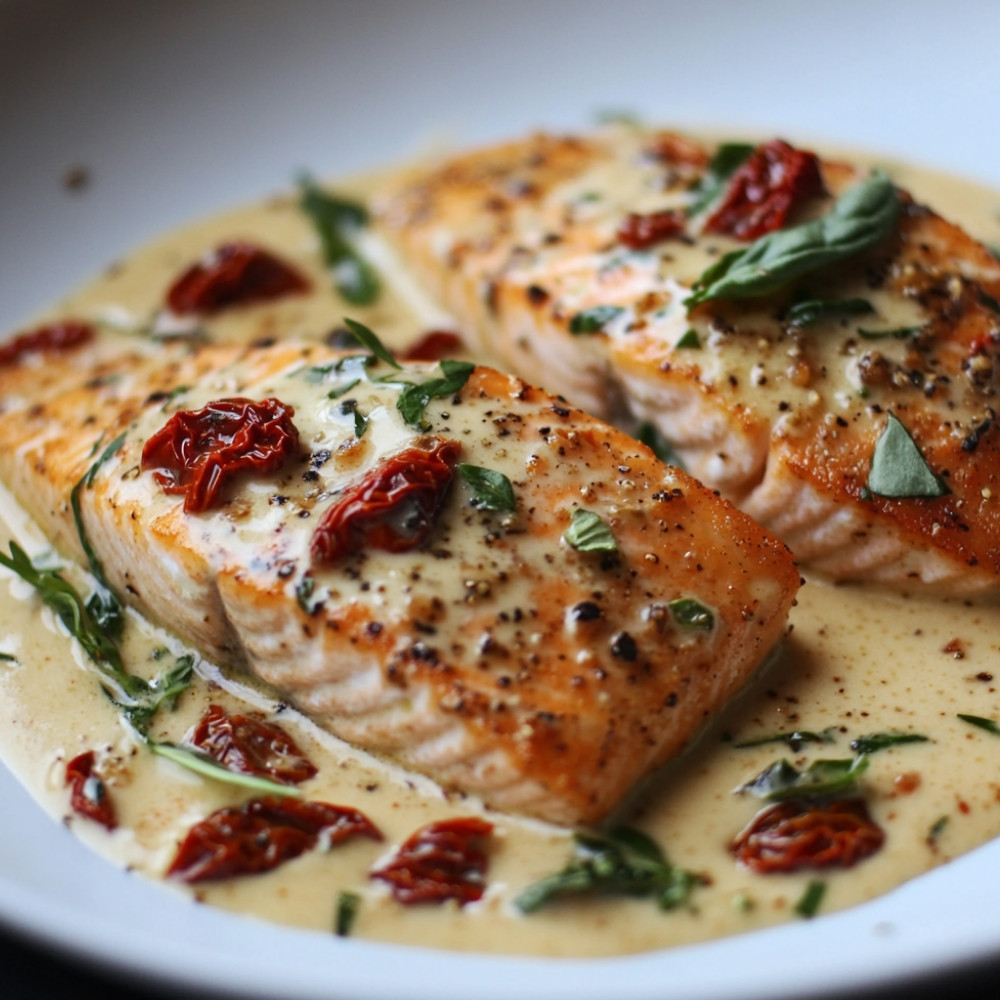 Saumon avec une sauce crémeuse aux tomates séchées