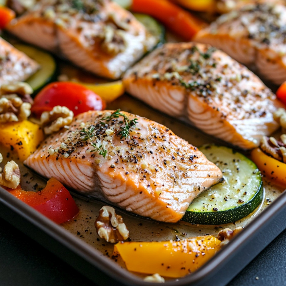 Tôle de saumon en croûte de noix et légumes grillés au four