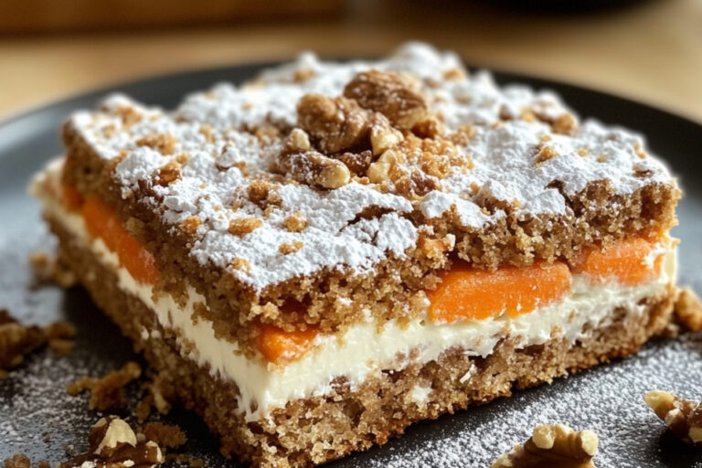 Carrés de gâteau aux carottes et fromage sur la plaque