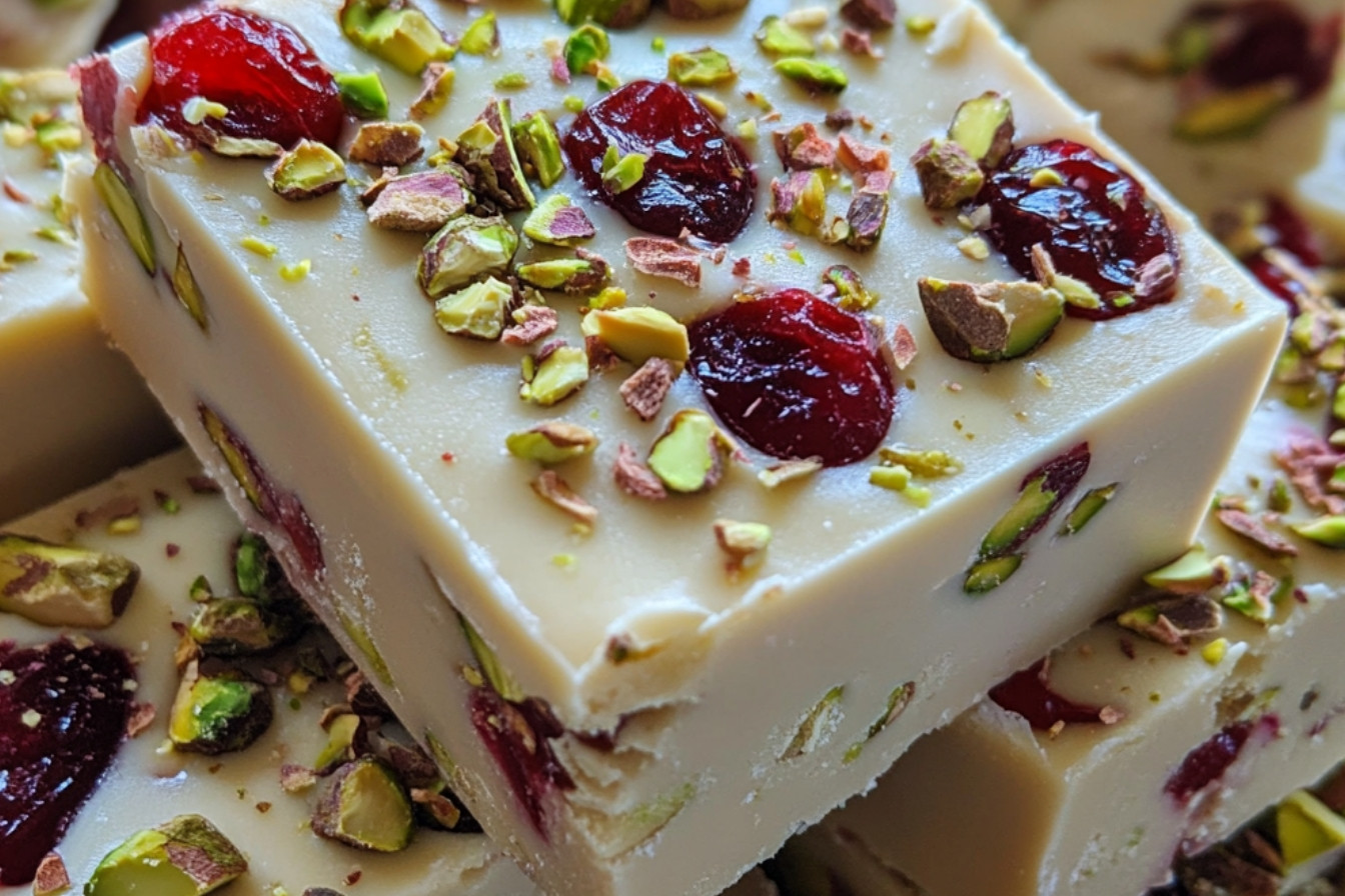 Fudge au chocolat blanc, canneberges et pistaches