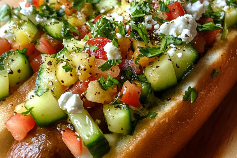 Hot-dog au boudin blanc, salsa pommes-concombre et vinaigrette à la feta