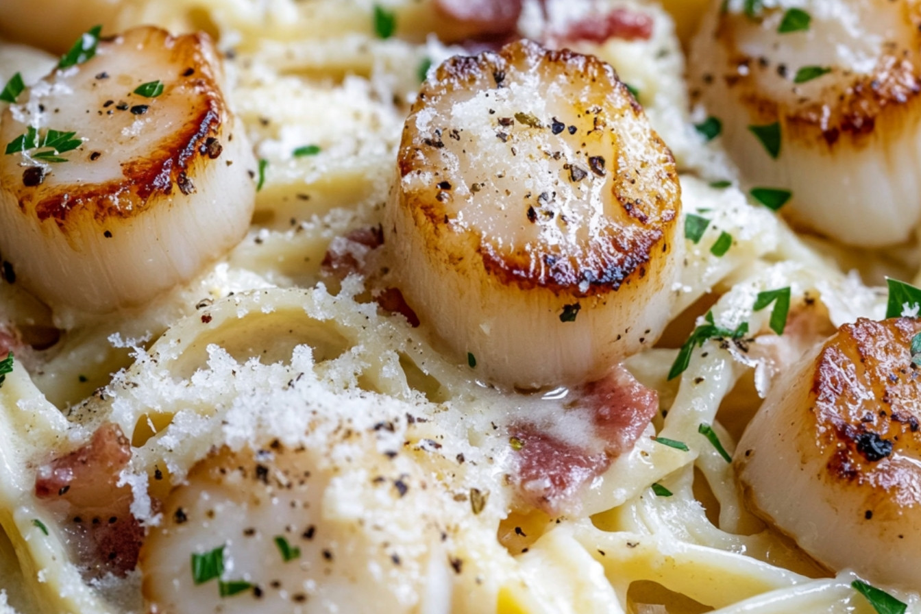 Linguine aux pétoncles dans une sauce carbonara