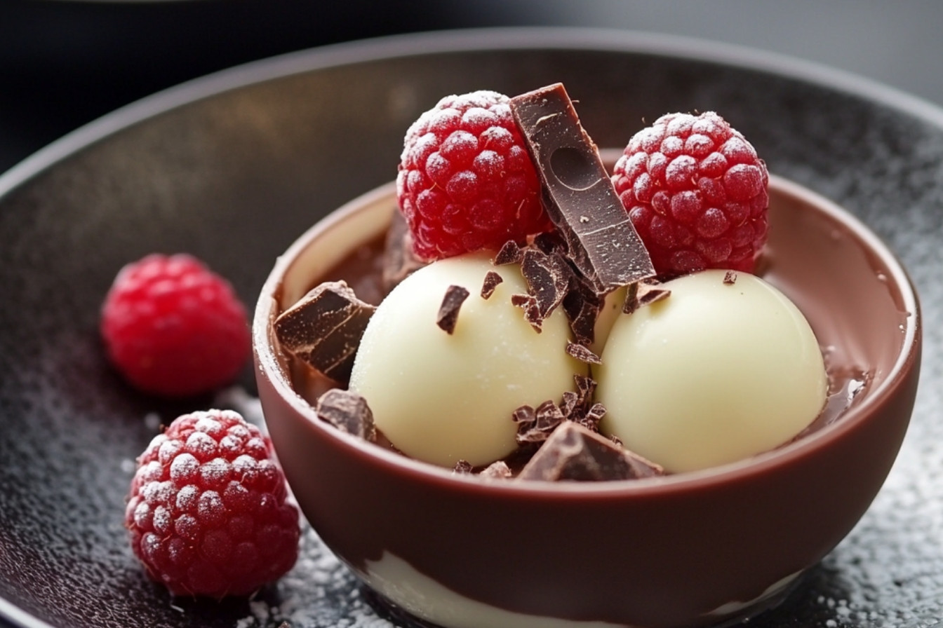 Mousse étagée aux deux chocolats et framboises