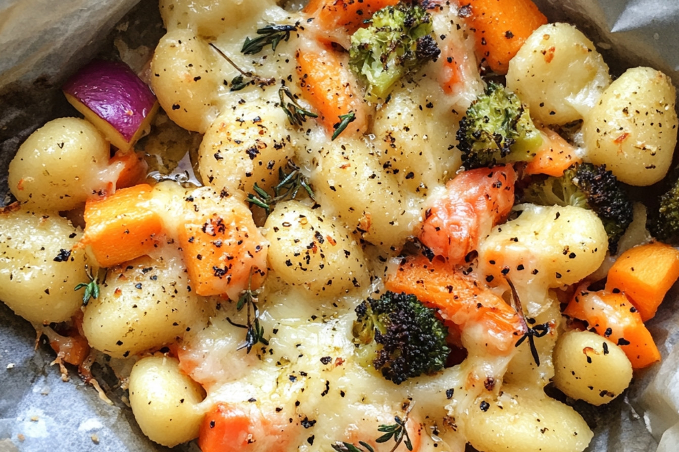 Papillote de gnocchis, légumes et fromage en grains