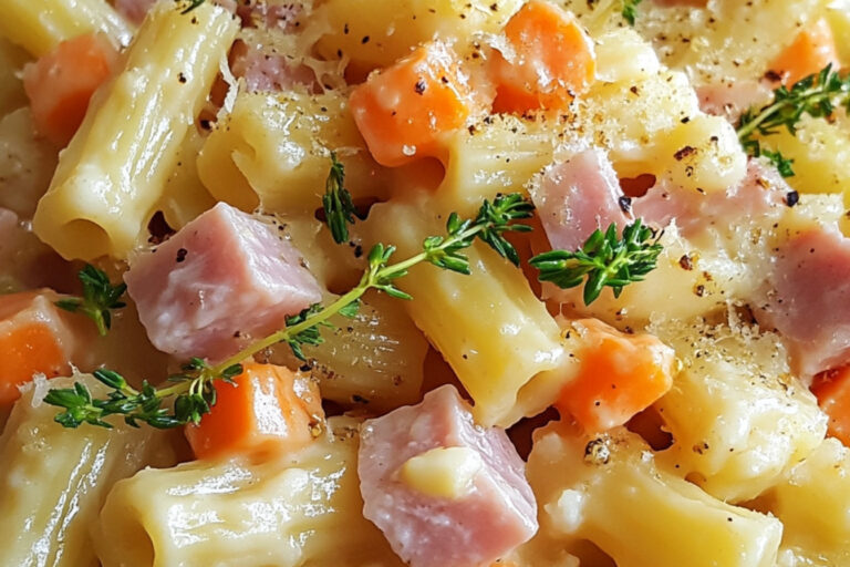 Pâtes sauce chou-fleur, carottes, dés de jambon croustillants et germes de brocoli