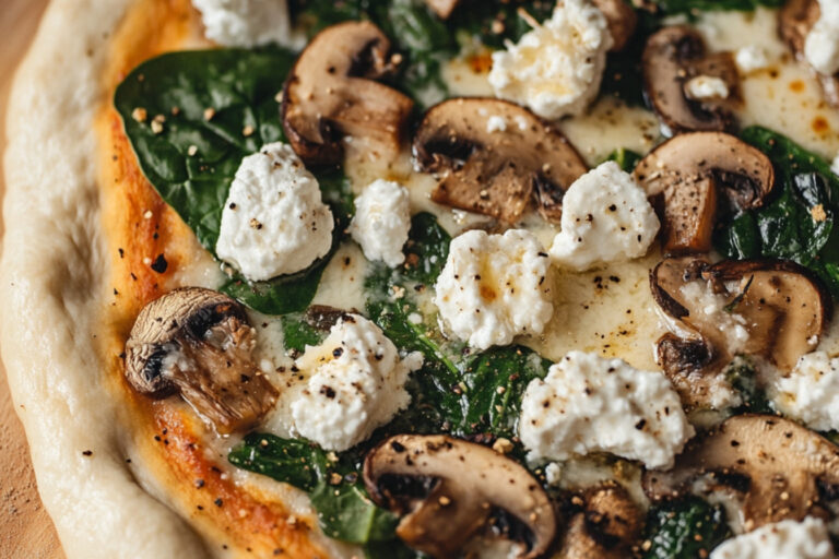 Pizza aux champignons, épinards et fromage de chèvre