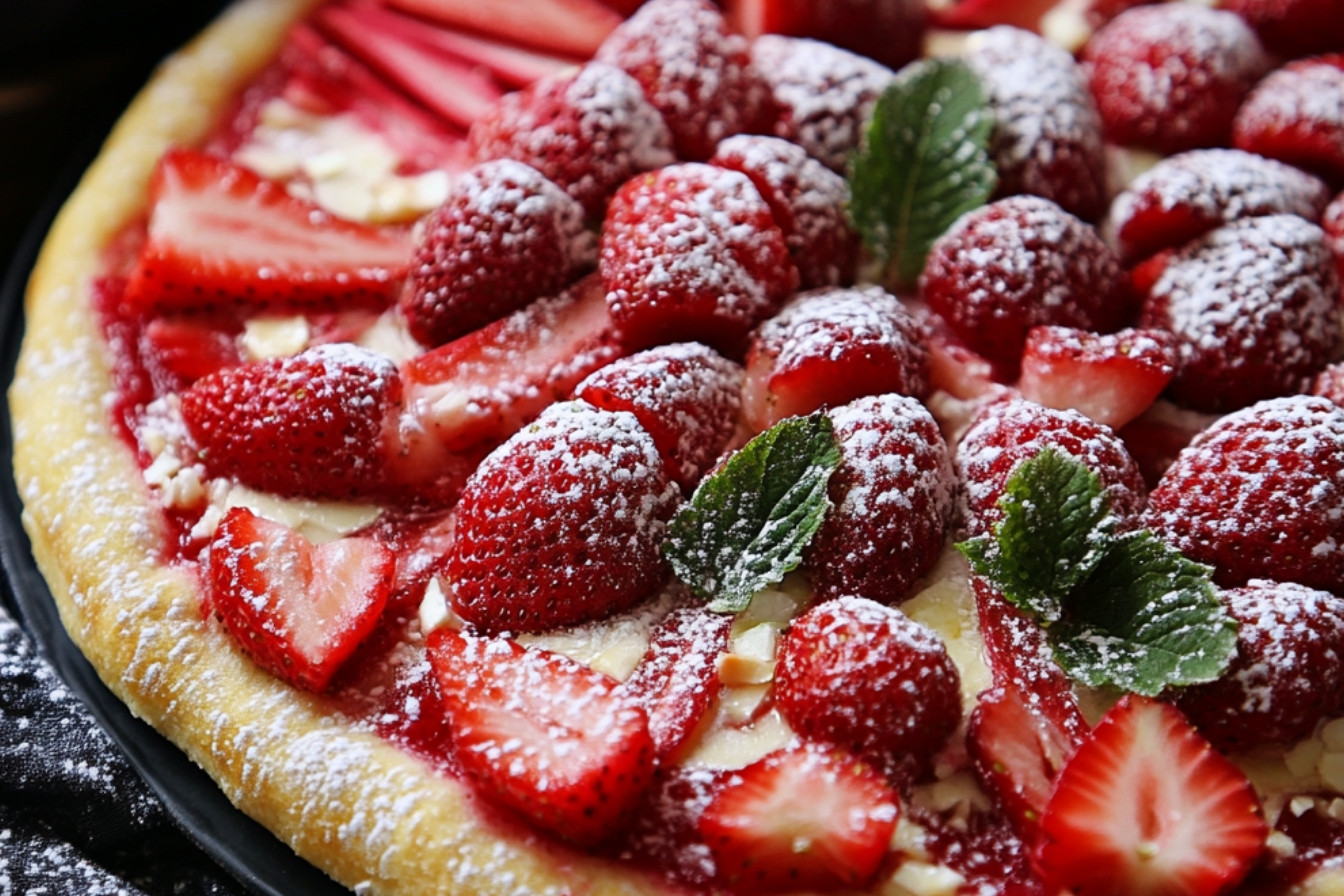 Pizza dessert fraises et rhubarbe