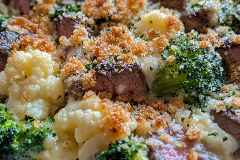 Plaque de bœuf, brocoli et chou-fleur gratinés