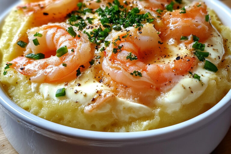 Pommes de terre soufflées à l'œuf, aux crevettes et au saumon
