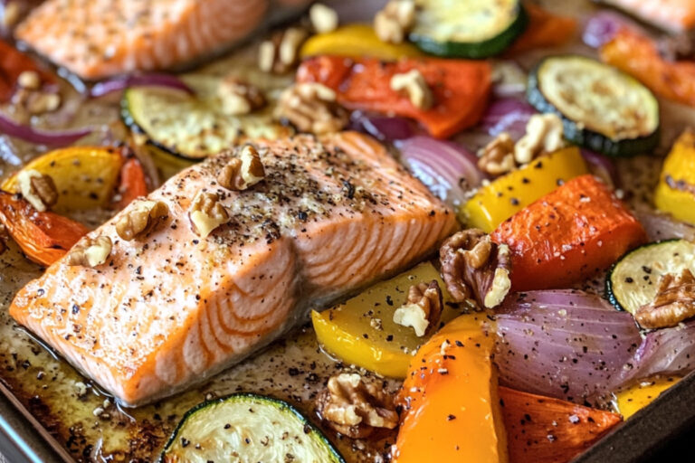 Tôle de saumon en croûte de noix et légumes grillés au four