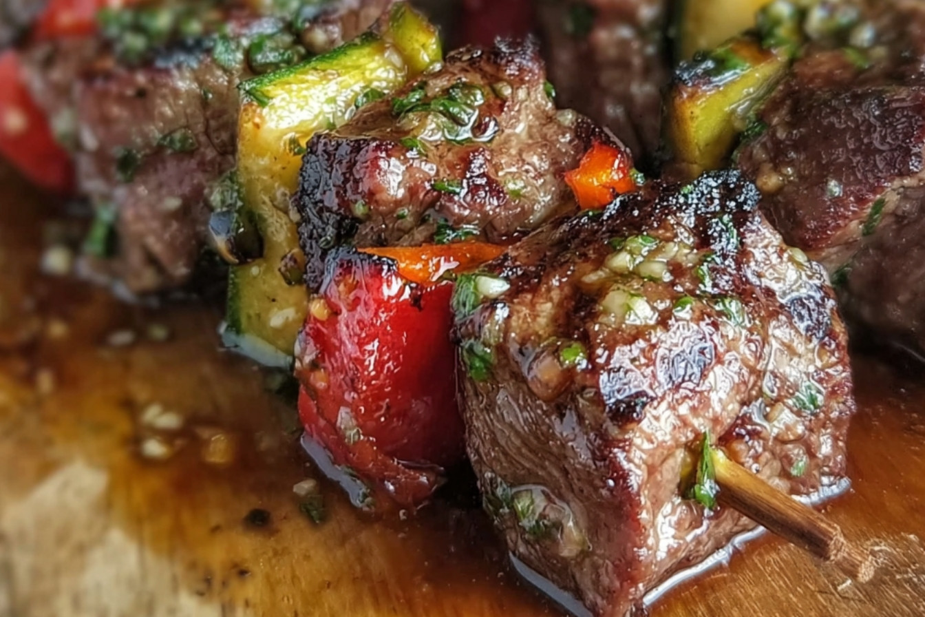 Brochettes de steak au beurre aillé